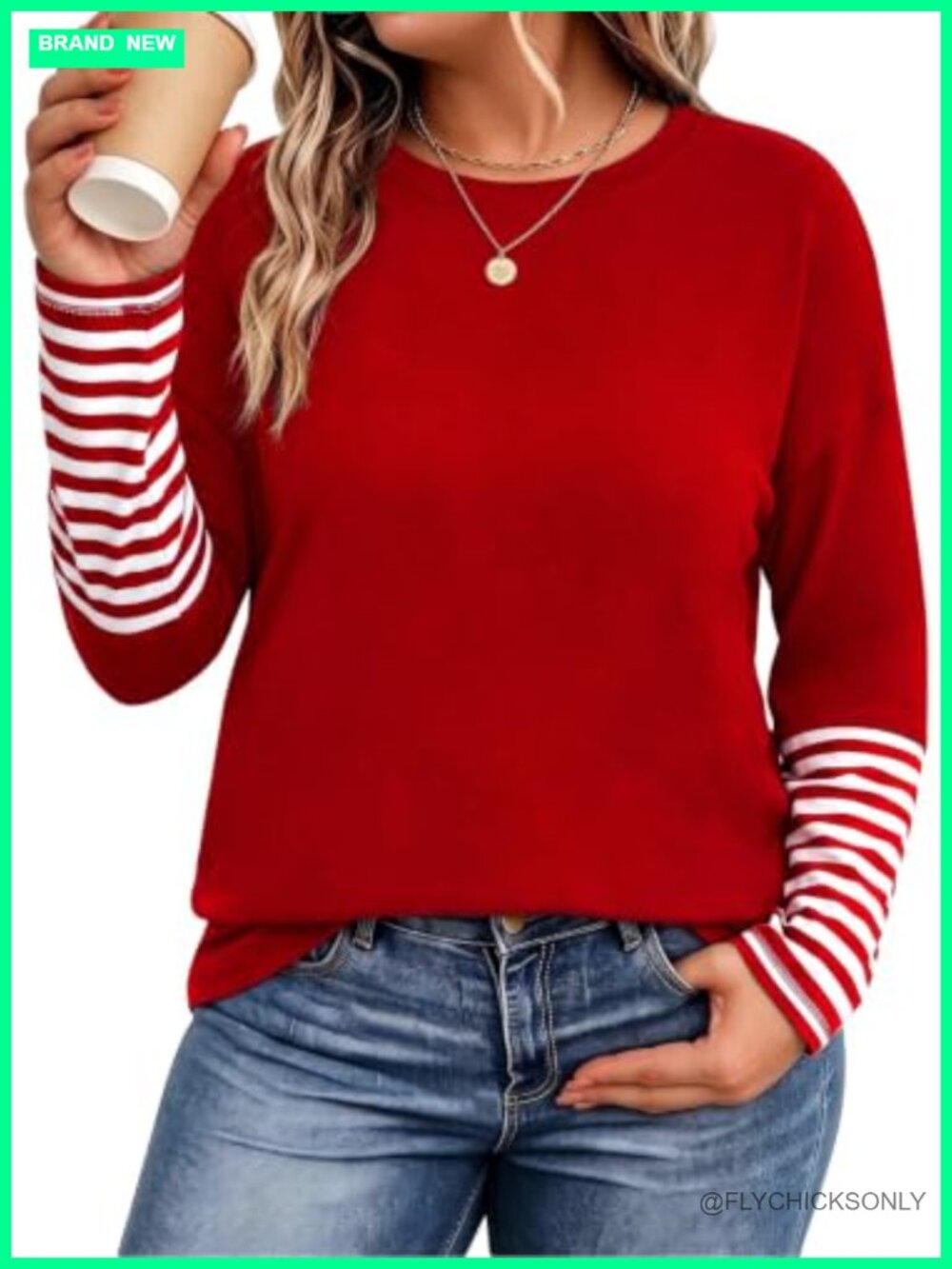 Plus Size Striped Long Sleeve T-Shirt Drop Shoulder Crew Neck